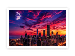 Chicago skyline wall art canvas sunset moon cityscape modern photography purple pink sky urban decor