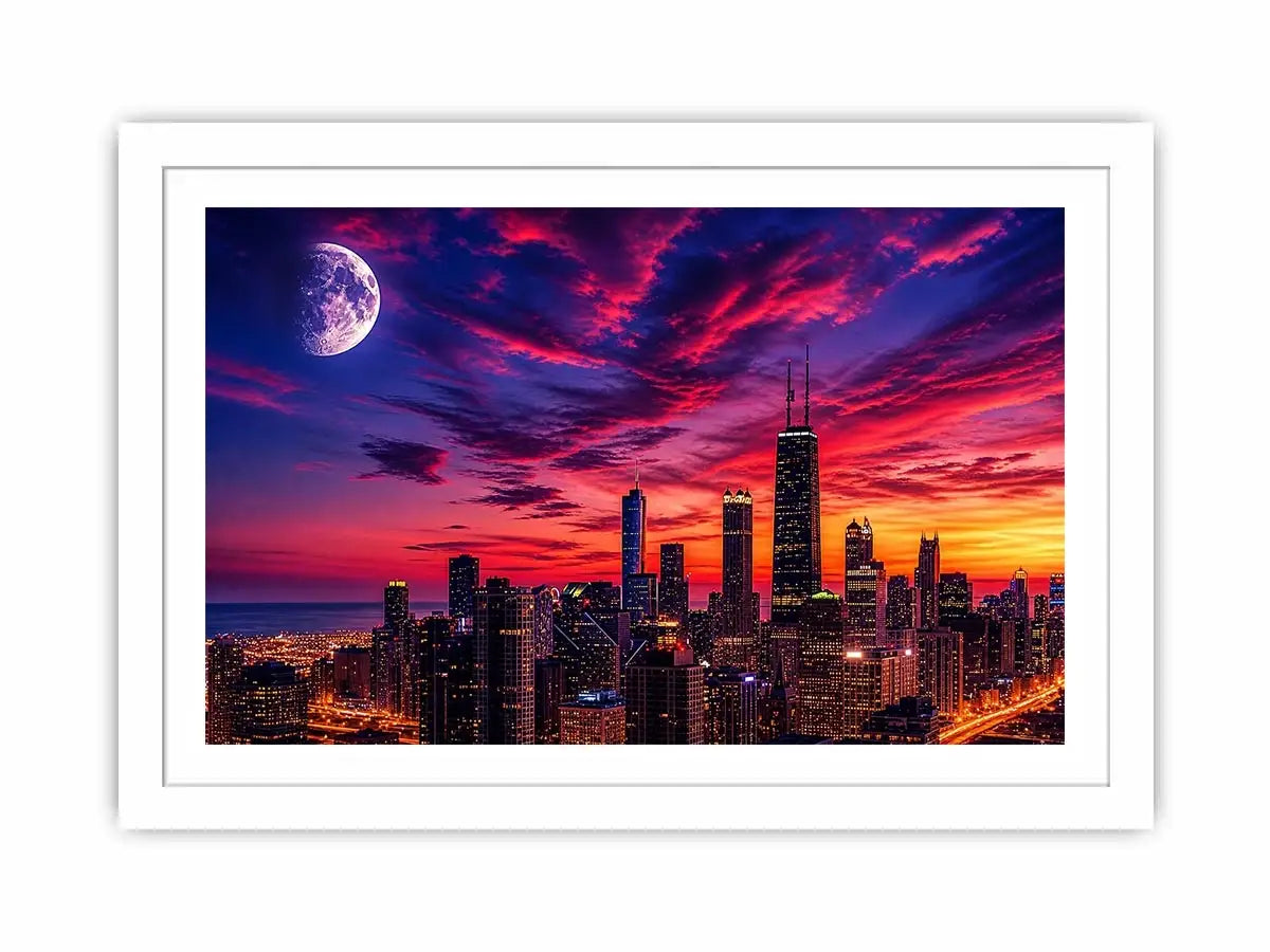 Chicago skyline wall art canvas sunset moon cityscape modern photography purple pink sky urban decor