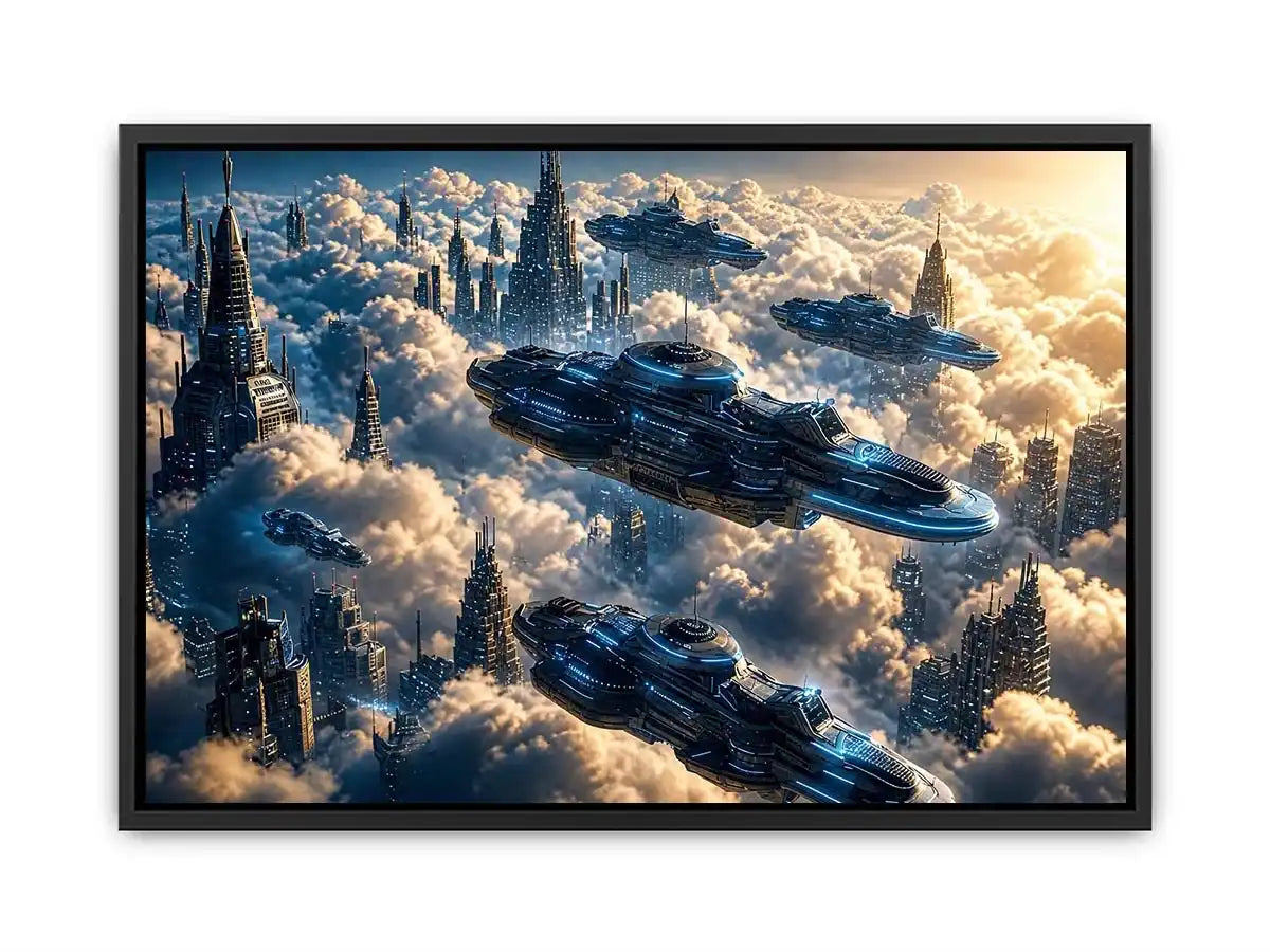 futuristic sky city wall art canvas sci fi flying ships clouds modern digital artwork blue grey decor