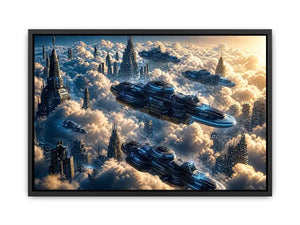 futuristic sky city wall art canvas sci fi flying ships clouds modern digital artwork blue grey decor