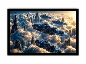futuristic sky city wall art canvas sci fi flying ships clouds modern digital artwork blue grey decor