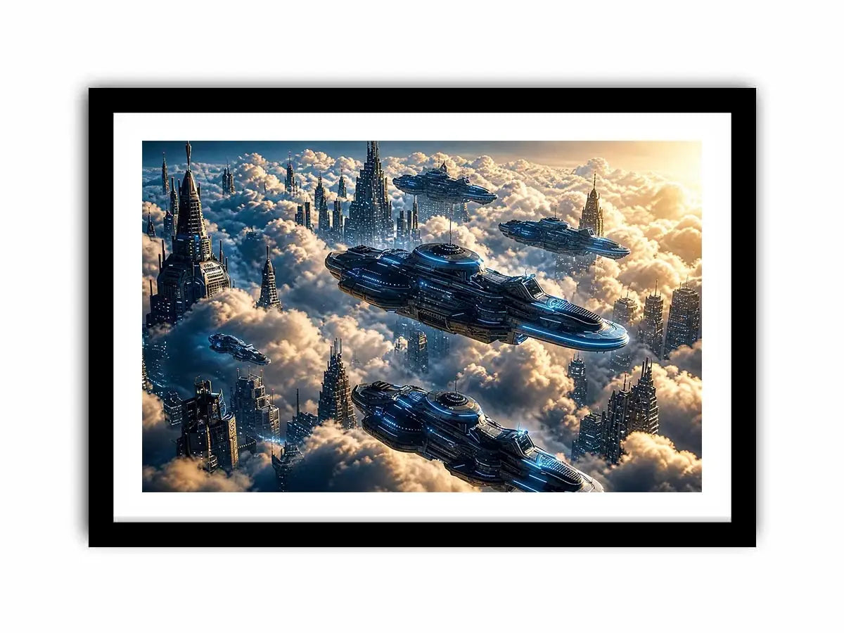 futuristic sky city wall art canvas sci fi flying ships clouds modern digital artwork blue grey decor