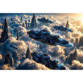 futuristic sky city wall art canvas sci fi flying ships clouds modern digital artwork blue grey decor