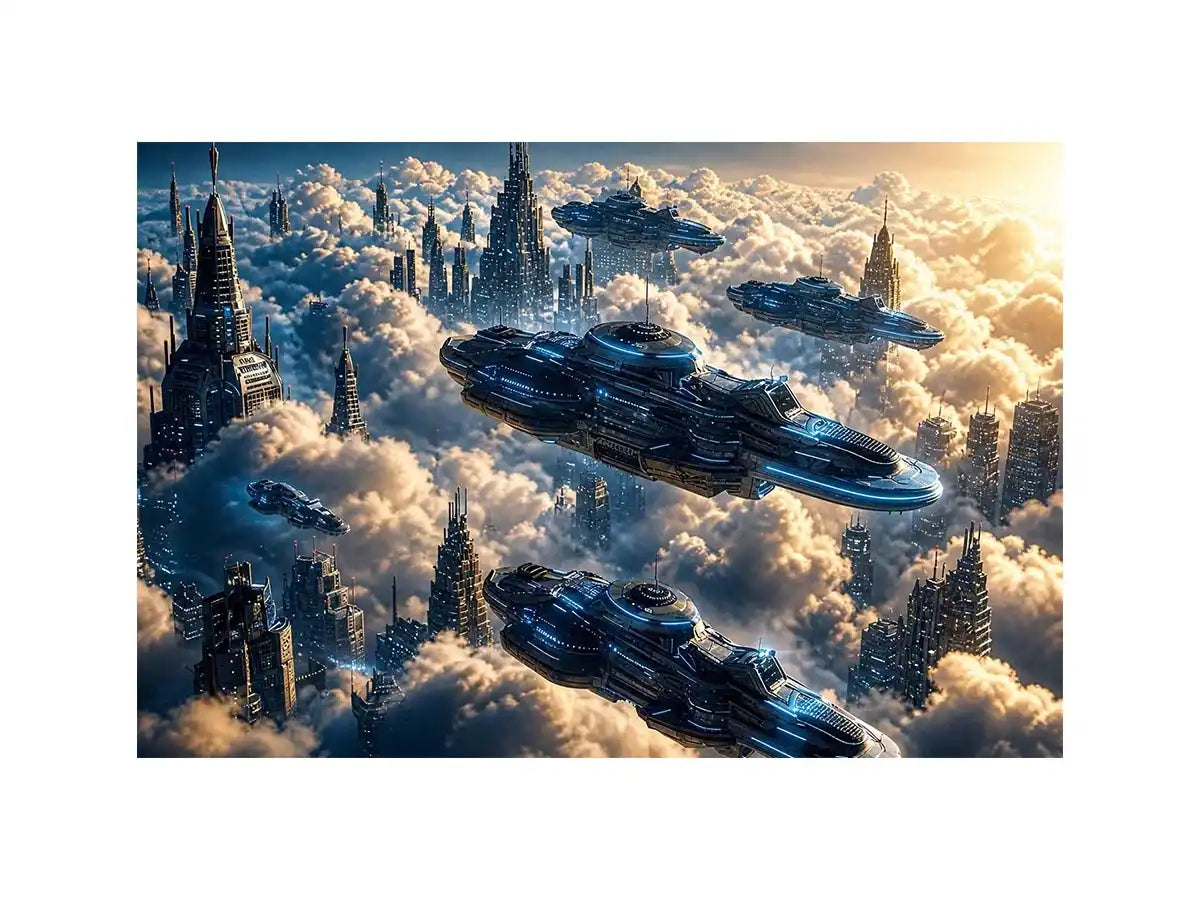 futuristic sky city wall art canvas sci fi flying ships clouds modern digital artwork blue grey decor
