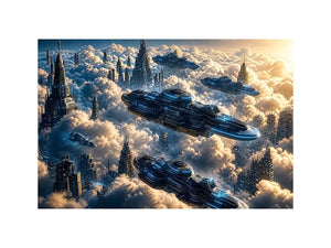 futuristic sky city wall art canvas sci fi flying ships clouds modern digital artwork blue grey decor