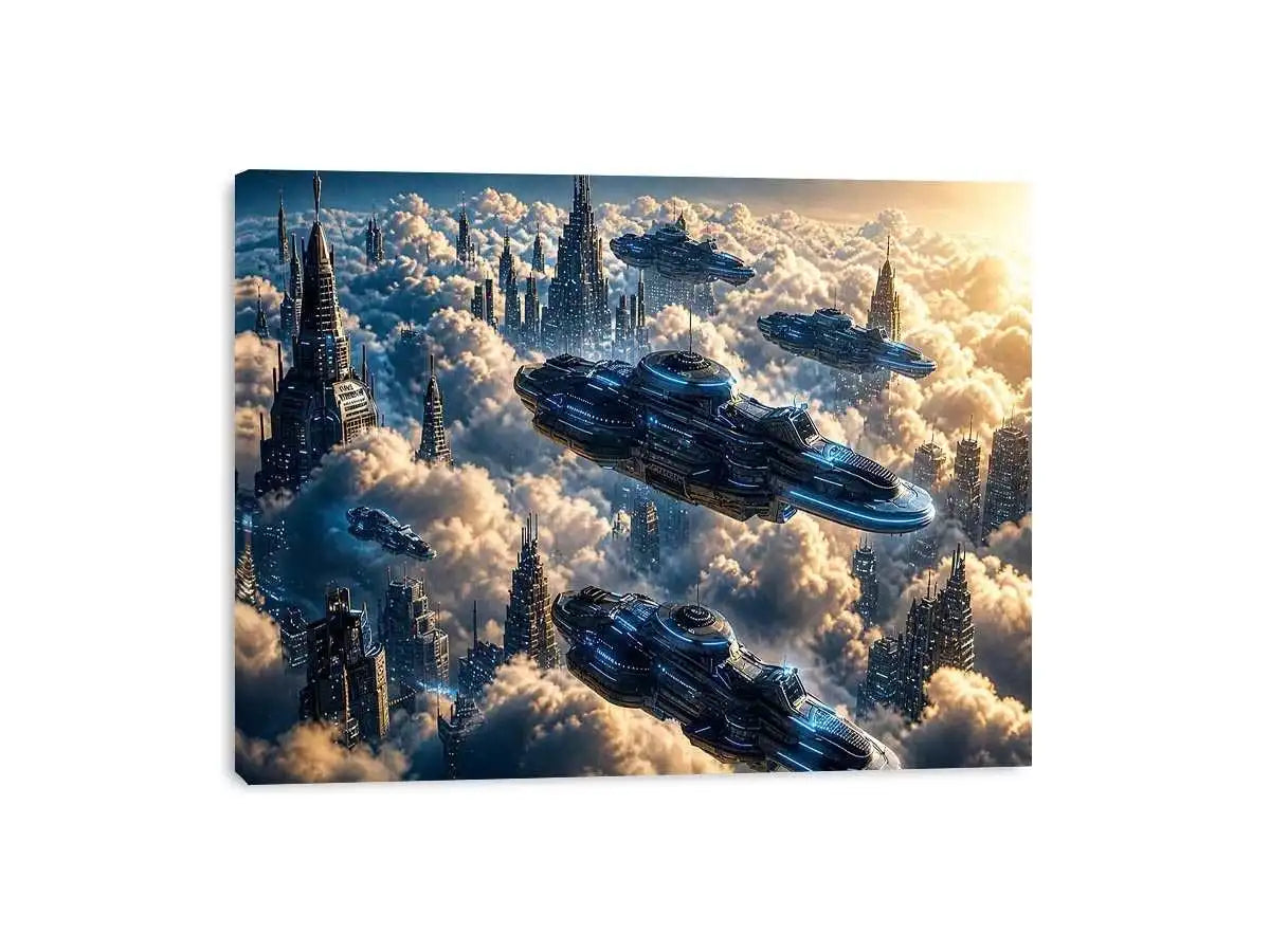 futuristic sky city wall art canvas sci fi flying ships clouds modern digital artwork blue grey decor