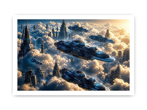 futuristic sky city wall art canvas sci fi flying ships clouds modern digital artwork blue grey decor