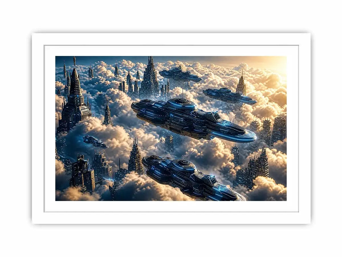 futuristic sky city wall art canvas sci fi flying ships clouds modern digital artwork blue grey decor