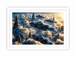 futuristic sky city wall art canvas sci fi flying ships clouds modern digital artwork blue grey decor