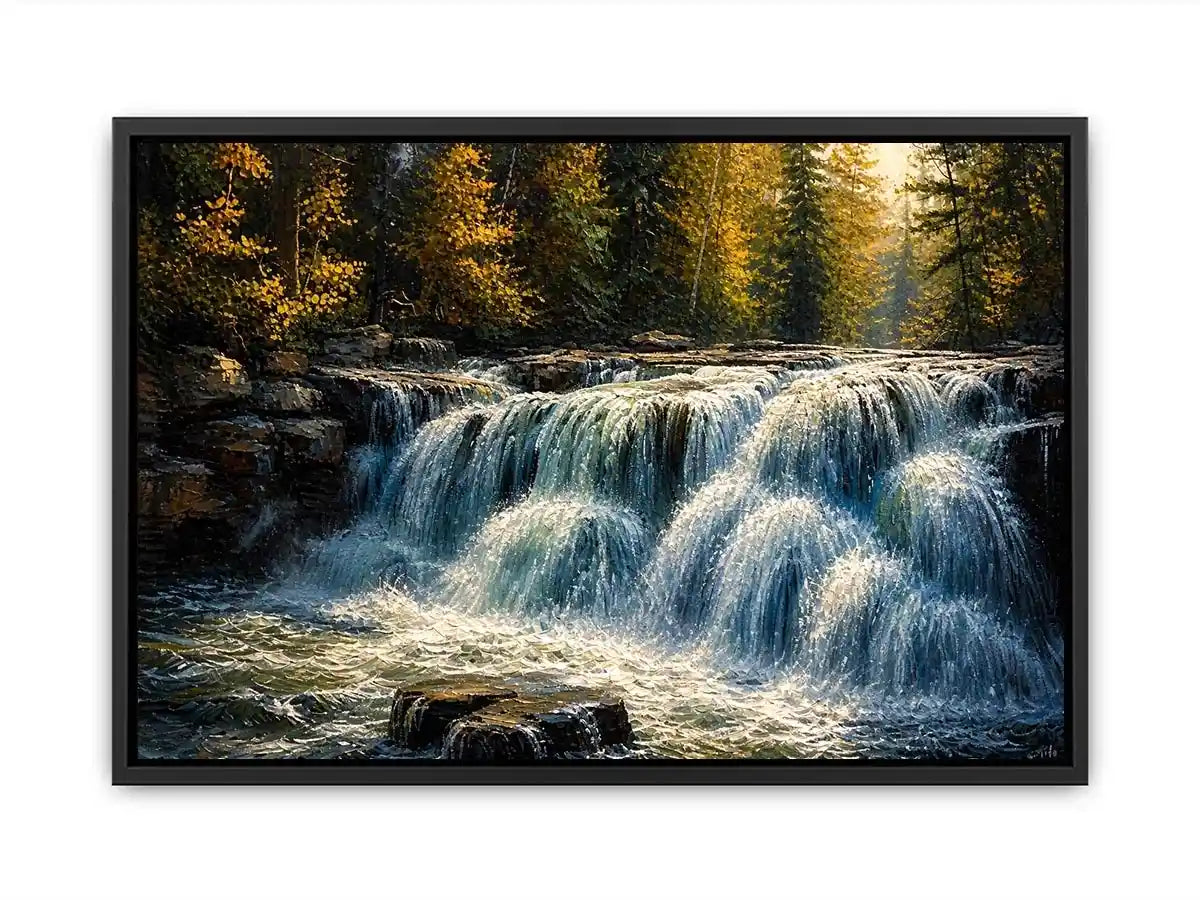Soft flowing waterfall in a forest with rocks and gentle light in a painterly style