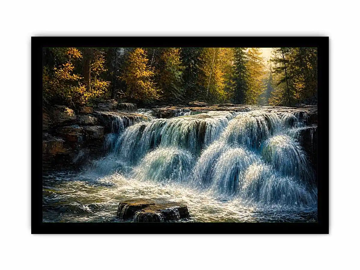 Soft flowing waterfall in a forest with rocks and gentle light in a painterly style
