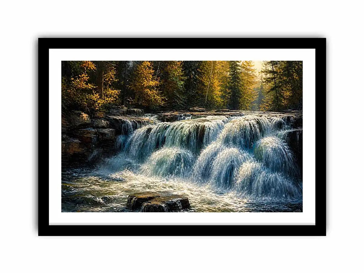 Soft flowing waterfall in a forest with rocks and gentle light in a painterly style