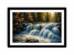 Soft flowing waterfall in a forest with rocks and gentle light in a painterly style