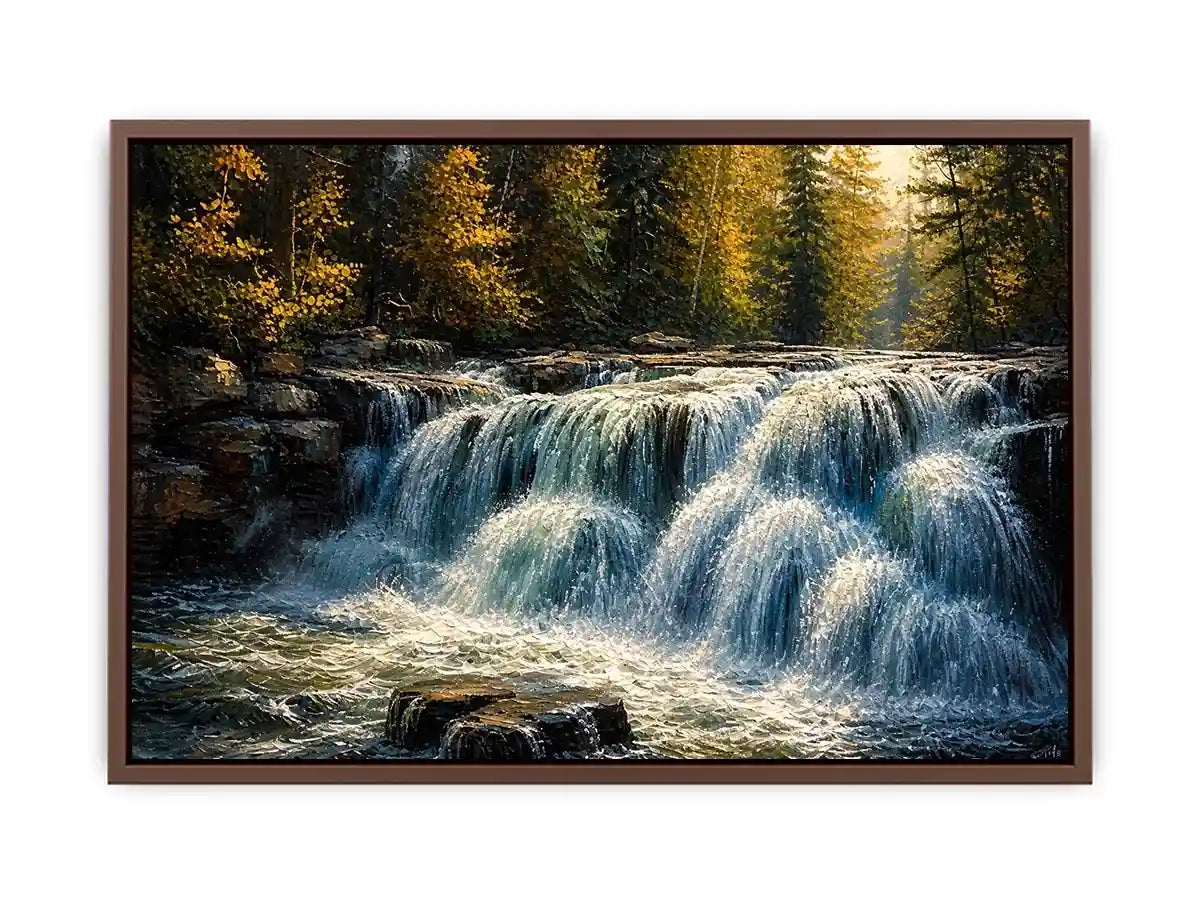Soft flowing waterfall in a forest with rocks and gentle light in a painterly style