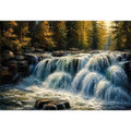 Soft flowing waterfall in a forest with rocks and gentle light in a painterly style