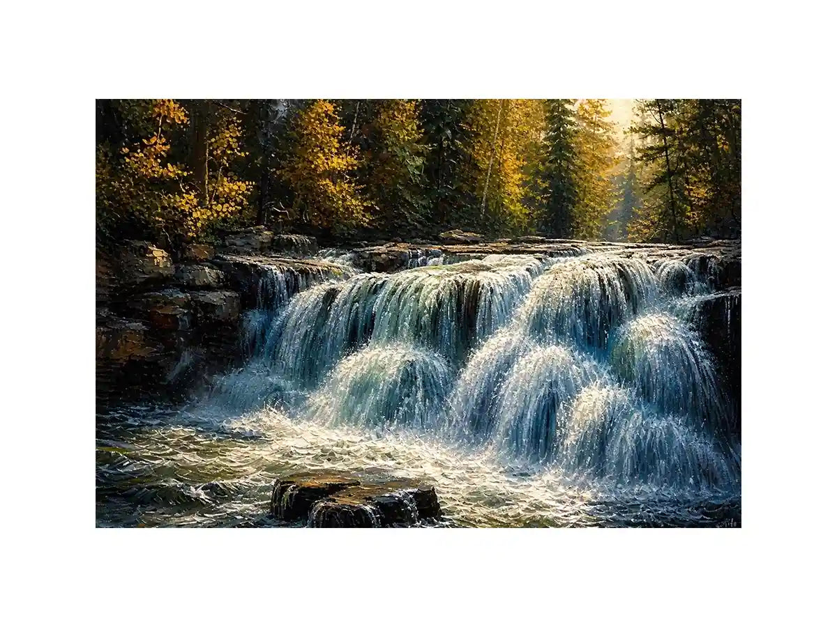 Soft flowing waterfall in a forest with rocks and gentle light in a painterly style