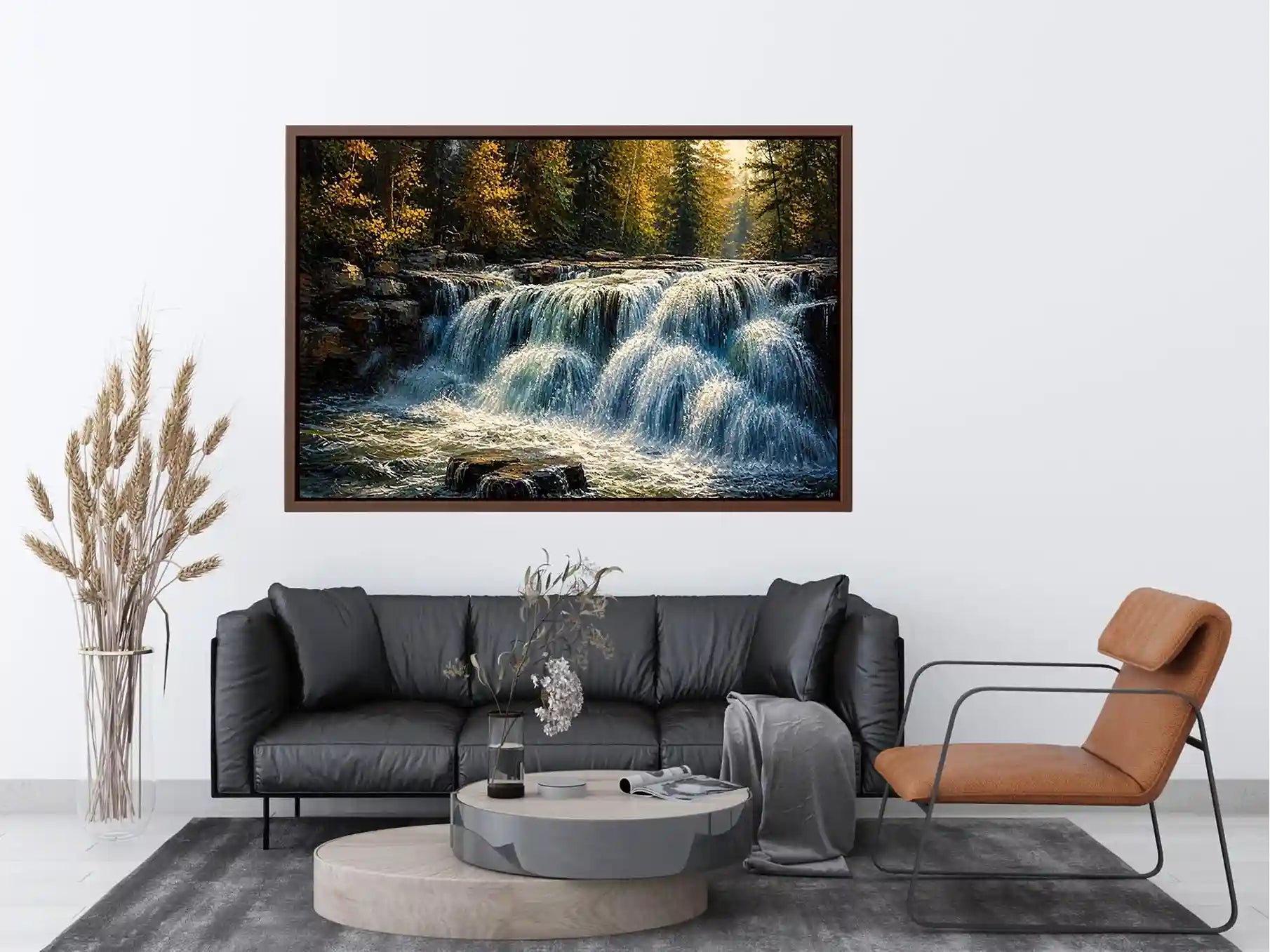 Soft flowing waterfall in a forest with rocks and gentle light in a painterly style