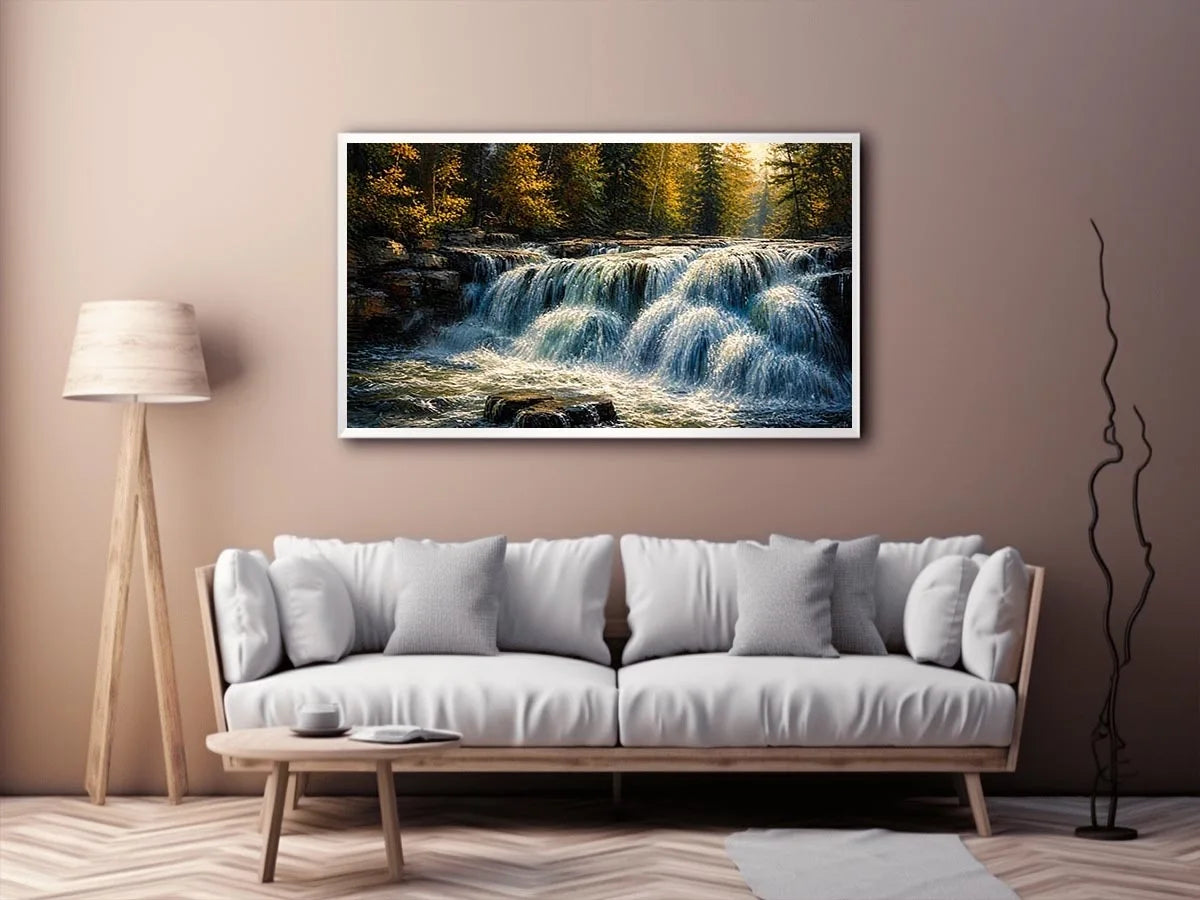 Soft flowing waterfall in a forest with rocks and gentle light in a painterly style