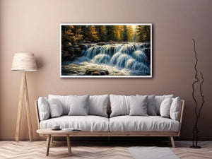 Soft flowing waterfall in a forest with rocks and gentle light in a painterly style