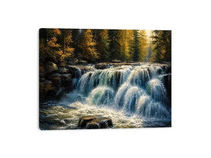 Soft flowing waterfall in a forest with rocks and gentle light in a painterly style