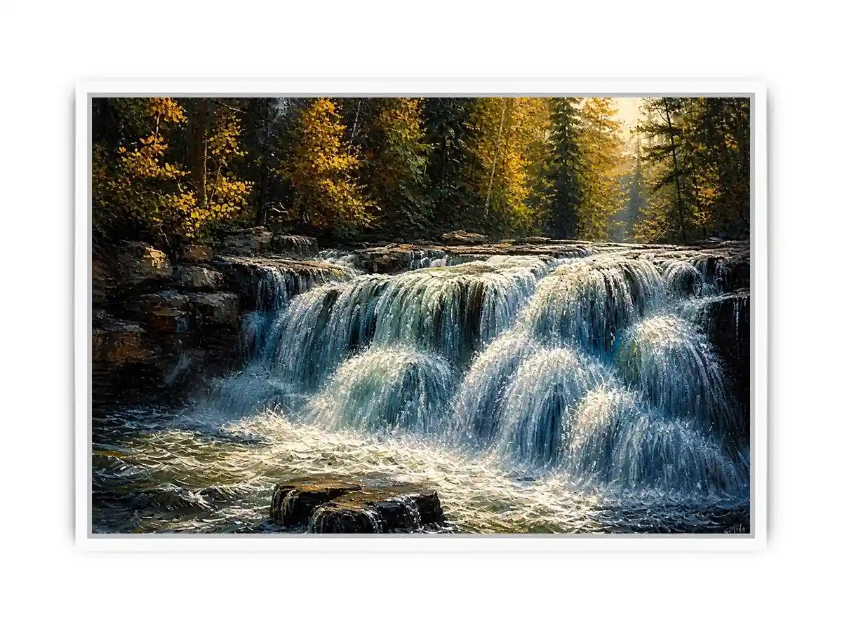 Soft flowing waterfall in a forest with rocks and gentle light in a painterly style