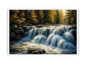 Soft flowing waterfall in a forest with rocks and gentle light in a painterly style