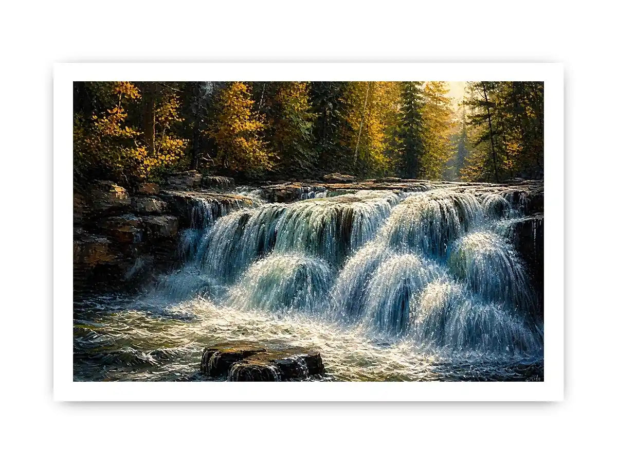 Soft flowing waterfall in a forest with rocks and gentle light in a painterly style