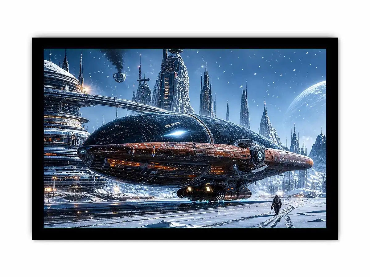futuristic snow city wall art canvas sci fi spaceship winter skyline digital artwork blue grey decor