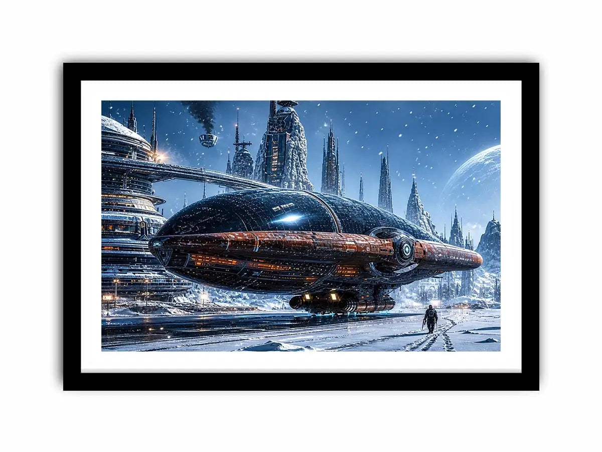 futuristic snow city wall art canvas sci fi spaceship winter skyline digital artwork blue grey decor