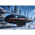 futuristic snow city wall art canvas sci fi spaceship winter skyline digital artwork blue grey decor