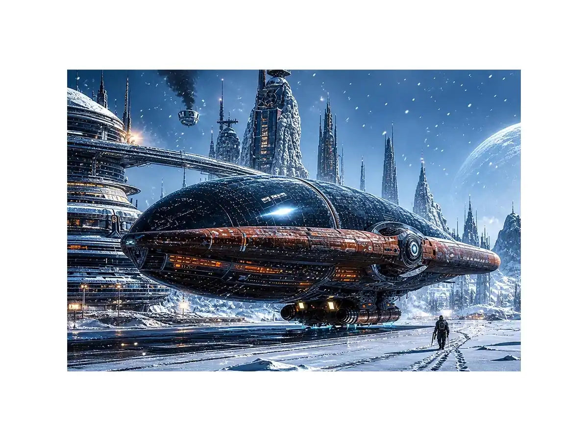 futuristic snow city wall art canvas sci fi spaceship winter skyline digital artwork blue grey decor