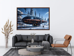 futuristic snow city wall art canvas sci fi spaceship winter skyline digital artwork blue grey decor