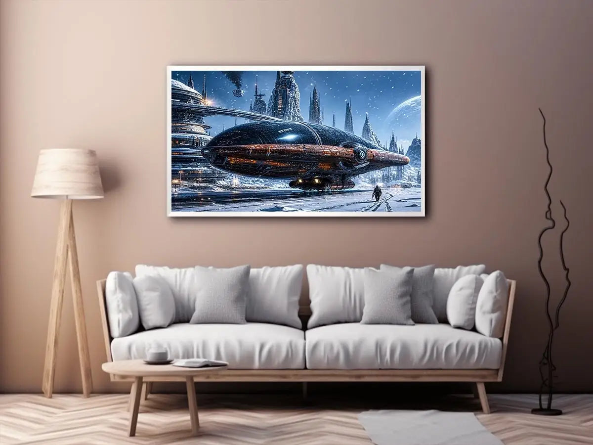 futuristic snow city wall art canvas sci fi spaceship winter skyline digital artwork blue grey decor
