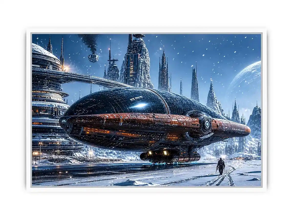 futuristic snow city wall art canvas sci fi spaceship winter skyline digital artwork blue grey decor