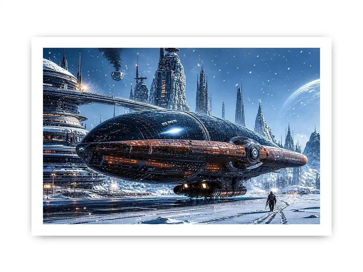 futuristic snow city wall art canvas sci fi spaceship winter skyline digital artwork blue grey decor