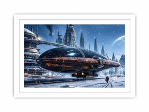 futuristic snow city wall art canvas sci fi spaceship winter skyline digital artwork blue grey decor