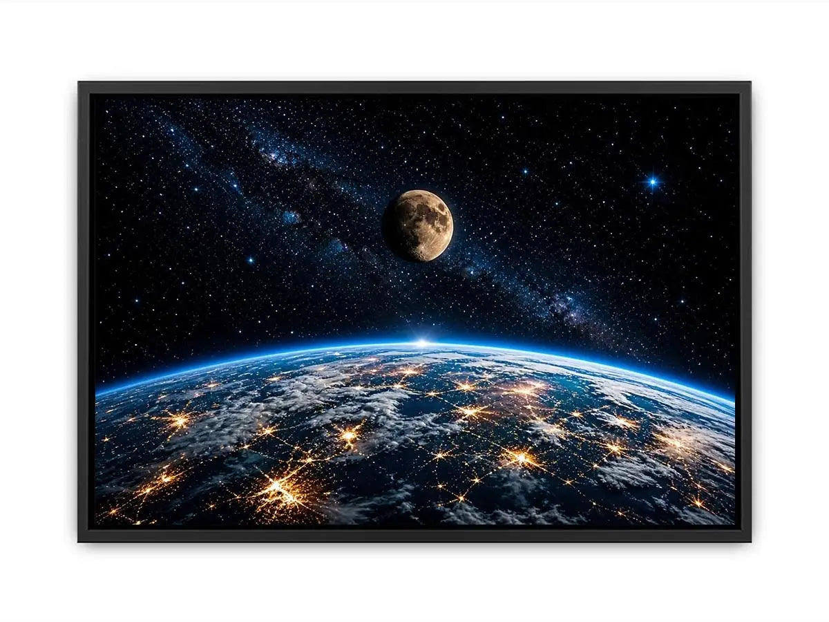 earth from space wall art canvas moon galaxy stars night sky modern cosmic decor blue black artwork