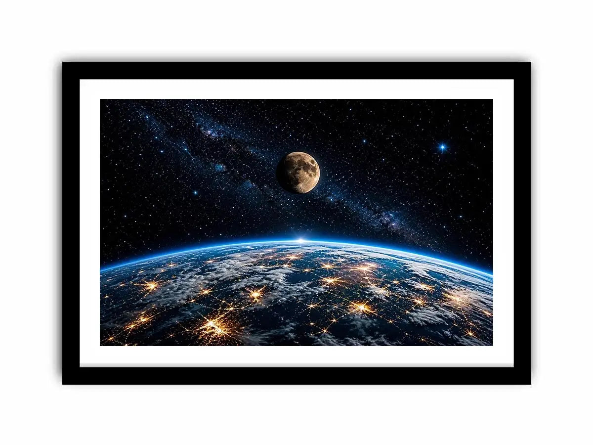 earth from space wall art canvas moon galaxy stars night sky modern cosmic decor blue black artwork