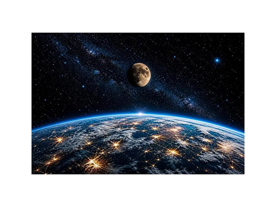 earth from space wall art canvas moon galaxy stars night sky modern cosmic decor blue black artwork