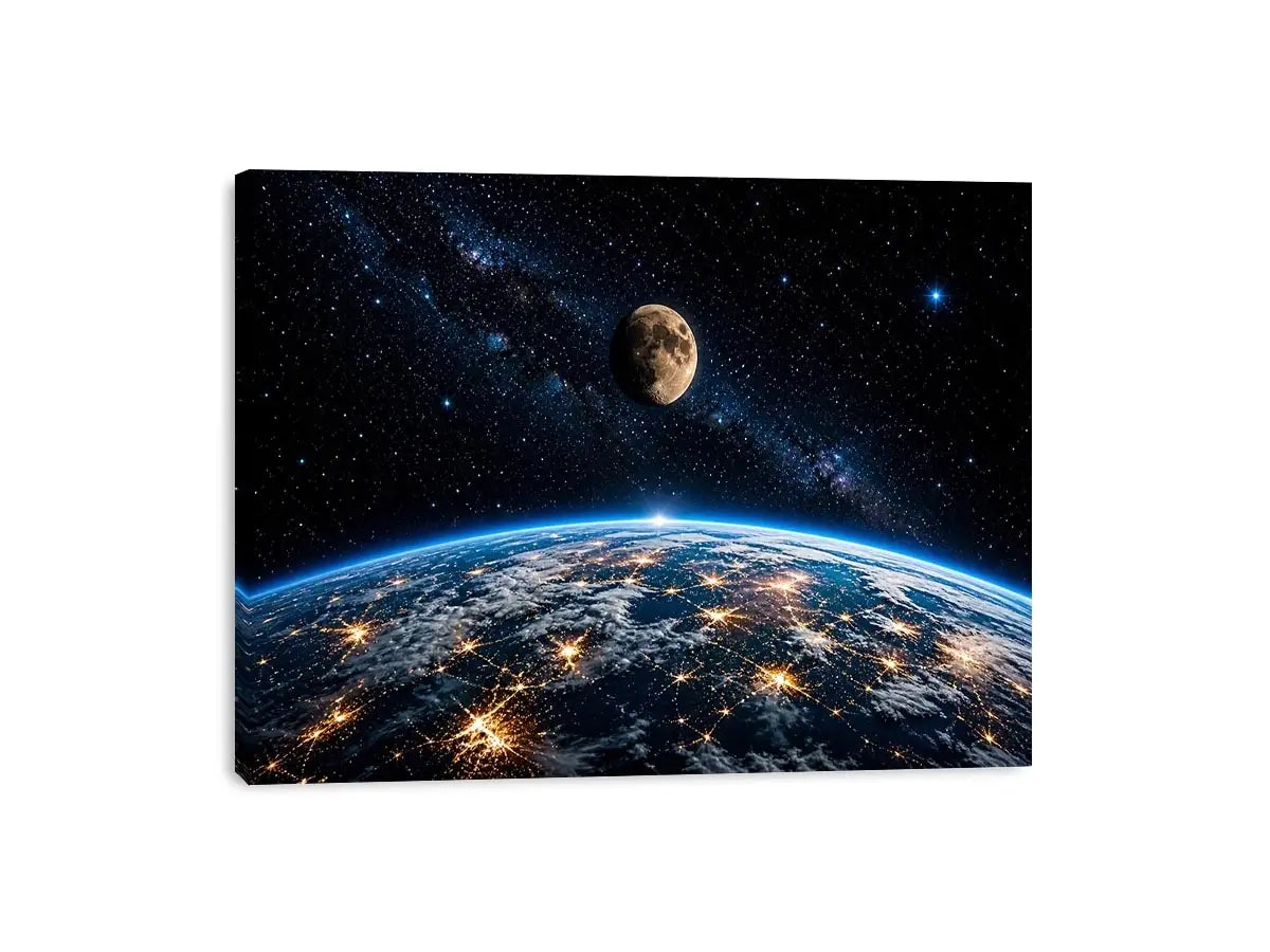 earth from space wall art canvas moon galaxy stars night sky modern cosmic decor blue black artwork