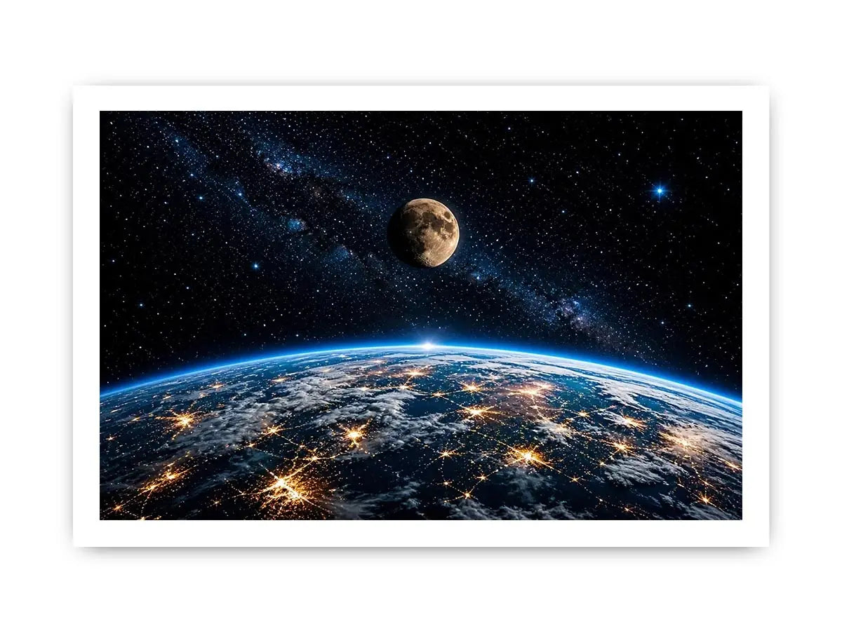earth from space wall art canvas moon galaxy stars night sky modern cosmic decor blue black artwork