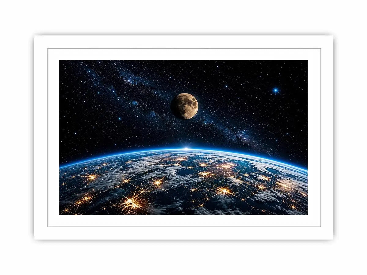 earth from space wall art canvas moon galaxy stars night sky modern cosmic decor blue black artwork