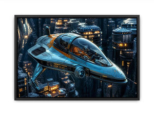 futuristic spaceship wall art canvas sci fi vehicle city background modern digital artwork blue teal decor