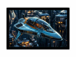 futuristic spaceship wall art canvas sci fi vehicle city background modern digital artwork blue teal decor