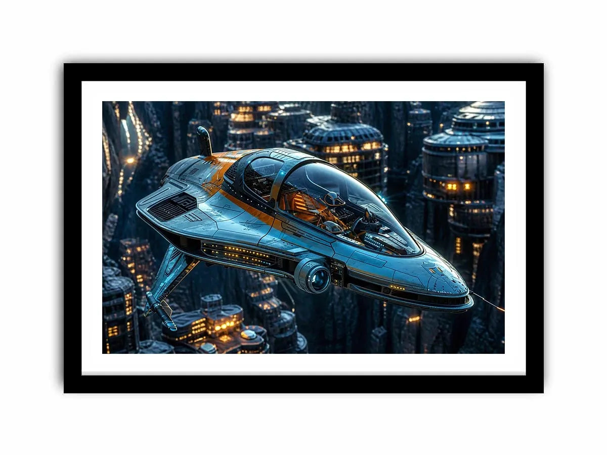 futuristic spaceship wall art canvas sci fi vehicle city background modern digital artwork blue teal decor