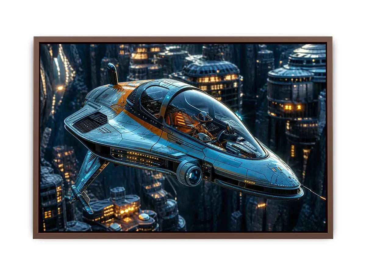 futuristic spaceship wall art canvas sci fi vehicle city background modern digital artwork blue teal decor