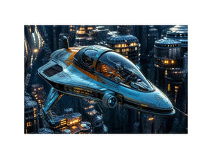 futuristic spaceship wall art canvas sci fi vehicle city background modern digital artwork blue teal decor