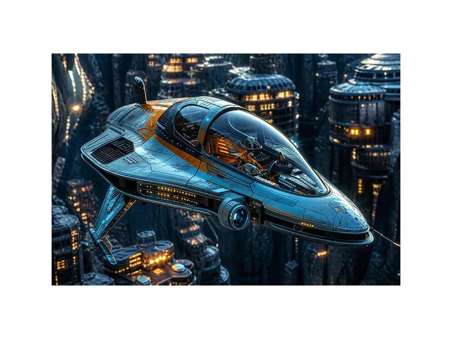 futuristic spaceship wall art canvas sci fi vehicle city background modern digital artwork blue teal decor