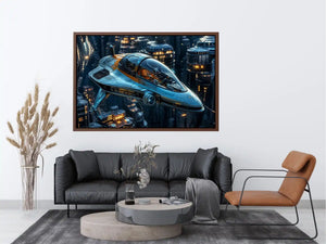 futuristic spaceship wall art canvas sci fi vehicle city background modern digital artwork blue teal decor