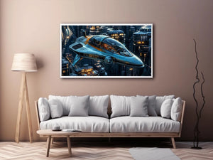 futuristic spaceship wall art canvas sci fi vehicle city background modern digital artwork blue teal decor